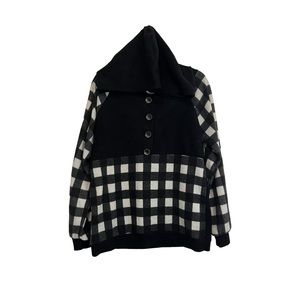 BIBI Black White Buffalo Check Henley Pullover Hoodie Sweatshirt Womens Size M